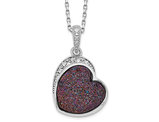 Pink Druzy Quartz Heart Pendant Necklace in Sterling Silver with Chain and Accent Diamonds